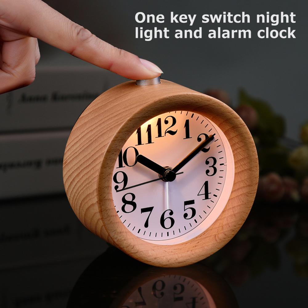 Handmade Classic Small Round Wood Silent Light Desk Alarm Clock