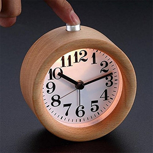 Handmade Classic Small Round Wood Silent Light Desk Alarm Clock